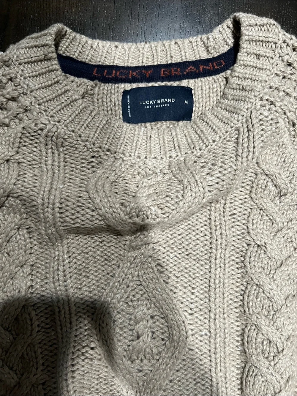 Lucky Brand Beige Solid Cable Knit Crew Neck Pullover Sweater M